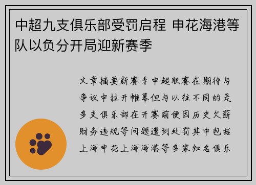 中超九支俱乐部受罚启程 申花海港等队以负分开局迎新赛季